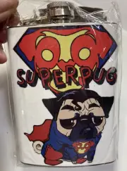 SUPER PUG DOG 8 oz Whiskey Flask Stainless Steel Brand New w/ Box