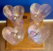 Set of 4 - Hand Made Gold Rimmed Iridescent Heart Shaped Wine Or Dessert Glasses