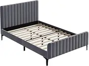 OIKITURE Velvet Bed Frame with Headboard, Wooden Bed Frame Platform Reinforced Bracket Support, Modern Design, Capacity 300KG, 206x146x104CM, for Kids Toddler and Adult, Grey