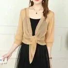 Women 3/4 Flared Sleeve Tie Front Sheer Cropped Cardigan Bolero Shrug Top Jacket