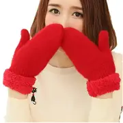 Winter Thicken Warmer Women Gloves Knitted Wool Plush Full Finger Mittens Red