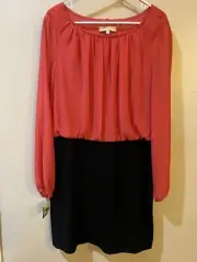 AIDAN MATTOX ~ NEW Coral /Black Chiffon Split Sleeve Blouson Dress Size 14
