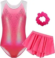 [KEOYA] Girls Gymnastics Leotards Sparkly Unitards Athletic Tumbling Outfit with Skirt Scrunchie Combo