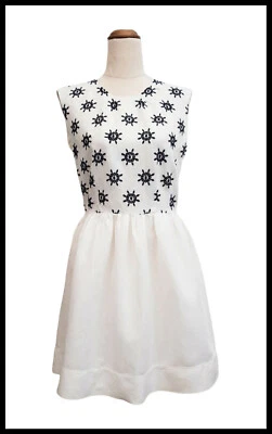 NWT TIGERLILY Linen Blend White Navy Embroidered A-Line Dress Sz 10 RRP $189.95