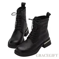 在飛比找momo購物網優惠-【Grace Gift】前衛金屬感圓頭馬汀靴