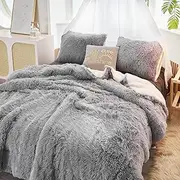Luxury Faux Fur King Size Winter Comforter Set Shaggy Velvet Gray Long Hair, 3 Pieces Plush Flannel Sherpa Backing Reversible Soft Microfiber Super Warm Bedding Set for Holiday