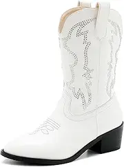 [LAURMOSA] Girls Cowboy Boots Pull On Cowgirl Boots Pointed Toe Mid Calf Western Boots for Little Kid Big Kid