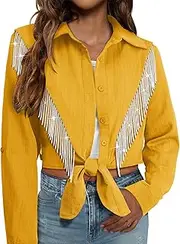 MYMORE Womens Rhinestone Fringe Cropped Button Down Shirt Rolled 3/4 Sleeve Tie Front Top Nashville Western Cowgirl Outfit