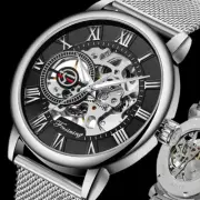 Mens Watches Mechanical Watch Skeleton Roman Numerals Stainless Steel Wristwatch