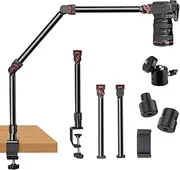 Overhead Camera Mount Desk Stand, 3-Section Flexible Detachable Articulating Arm with 1/4“ 3/8" 5/8" Screw&360° Ball Head, C-clamp Tabletop Mount for DSLR Camera/Webcam/Microphone/Lights