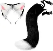[KQIVEN] Cat Ears and Wolf Fox Animal Tail Cosplay Costume Faux Fur Hair Clip Headdress Halloween Set(Black and White)