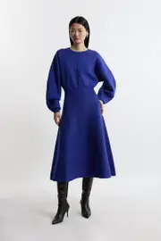 Compact Wool Look Milano Knit Round Sleeve Midi Dress