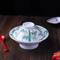 在飛比找蝦皮購物優惠-“陶色之家”日式陶瓷圓形蓋碗創意描金竹葉碗高腳碗海鮮燉湯碗復