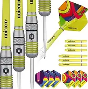 Unicorn Darts Set | Flair | 80% Natural Tungsten Barrels with Black & Yellow Accents & Laser Etched U Logo Hallmark | Steel Tip | Extra Flights & Shafts | 20 g, 21 g, 22 g, 23g or 24 g