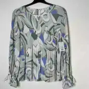 Nine West NWT Long Sleeve Pleated Blouse Womens Size Medium Green Boho Peasant