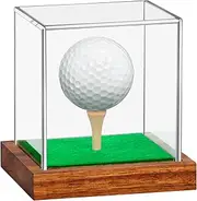 Hooqict Golf Ball Display Case Clear Acrylic Golf Ball Memorabilia Display Case with Wood Base and Grass Pad Ball Holder Stand Display Cube Single Golf Collection Box