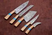 RARE 5 Pieces Handmade Damascus Kitchen Chef's Knife Set, Beautiful Wood Handle