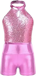 [YiZYiF] Kids Girls Dance Gymnastic Outfits Sets Sequin Sleeveless Leotard With Metallic Athletic Short Performance Costume