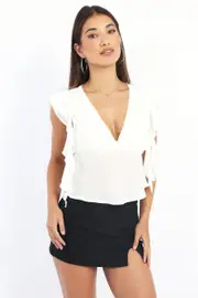 White Frilled Top Sleeveless V-neck Lave Trim - Size 16XL, Women's Top