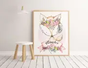 Baby Fox Nursery or Bedroom Wall Art Decor Print. A4, A3. Floral, Name Print
