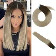 PHOCAS Tape in Hair Extensions Human Hair, D.Brown to Ash Blonde, 35cm/14" 50g 20pcs, Human Hair Extensions Tape in Remy Straight Hair Extensions Skin Weft Double Sided Tape