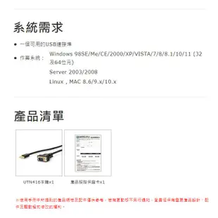 Uptech 登昌恆 UTN416 USB2.0 to RS-232 訊號轉換器(1.8M) RS232連接線-