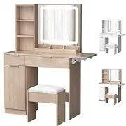 ALFORDSON Modern Vanity Dressing Table Set with LED Mirror, Storage Shelves, Drawers and Stool, Makeup Desk with Extendable Countertop, Wood Color