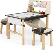 HONEY JOY Kids Art Table & 2 Chairs Set, Wooden Toddler Drawing Desk and 2 Stools w/2-Tier Open Shelf, 2 Storage Bins, Paper Roll, Craft and Play Activity Table Children Learning Desk for 3+ Years