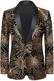 [HEYDHSDC] Men's Gold Fireworks Sequins Glitter Suit Jacket One Button Shawl Collar Slim Fit Blazers Party Stage Wedding Tuxedo Costume