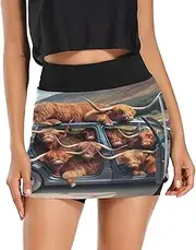 [RPLIFE] Highland Cattles in Car Activewear Skort, Sport Skort with Pockets，Elastic Skirt