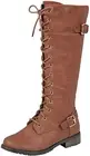 Forever Link Mango-27 Tan Strappy Lace-Up Knee High Combat Stacked Heel Boot