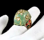 NATURAL COLOMBIAN EMERALD FLAT DIAMOND KUNDAN MEENA JADAU 18K GOLD ANTIQUE RING