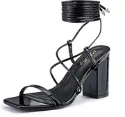 [Mhuire] Women's Strappy Chunky Heels Sandals, Lace Up 8 cm Low Block Heels Ankle Wrap Heel Square Open Toe Tie Up Heeled Sandals Shoes