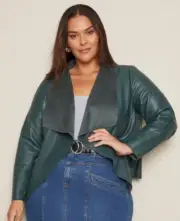 PLUS SIZE Size 24 Autograph Waterfall Faux Leather Jacket - Green RRP $144.99