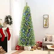 SHareconn 6FT/1.8M Artificial Slim Pencil Christmas Tree, Pencil Xmas Tree with 635 Branches Tips, 240 Warm White & Multicolor Lights and Foldable Metal Stand, Christmas Decorations for Home, Green