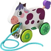 Baby Pull Toy, Wooden Baby Toys, Cute Cow Shape Pull Toy with Bell, Bi-Directional Wooden Toddler Toys with Anti Slip Wheel, Developmental ＆Push for Toddlers 1-3