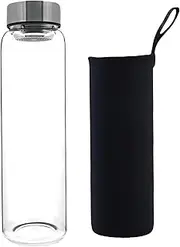 HENGFEI Glass Water Bottle 1l with Steel Lid，Clear Borosilicate Glass Drink Bottle with Infuser and Travel Sleeve.