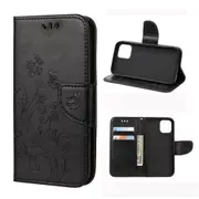 For iPhone 12 / 12 Pro Case, Butterfly Flower Folio PU Leather Case, Card Slots, Wallet, Black