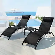 Gardeon 3pcs Sun Lounge with Table, Camping Chair Lounger Day Bed Chaise Beach Chairs Outdoor Furniture Garden Patio Setting Pool Backyard, Adjustable Backrest Black