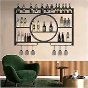 Wine Rack Wall Mounted with LED Light with Wine Glass Holder,Iron Wine Shelf,Floating Bar Shelves,Liquor Bottle Display Shelf,Bar Cabinet for Home Kitchen Wine Cellar,Gold/Black