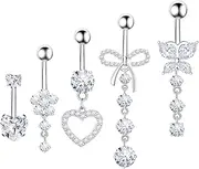 [Wonvin Collection] Belly Button Ring Dangle Navel Belly Piercing Jewelry Cute Pink CZ Heart Butterfly Bow Flower Navel Belly Rings for Women 14G Silver Stainless Steel Dainty Dangly Dangling Belly Button Piercing,