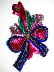 Vintage 7" Flower Bow Fuchsia Blue Beaded Sequined Applique Sew On Crafts Sequin