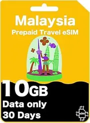 Malaysia Prepaid Travel eSIM - High-Speed Data for 30 Days, Unlimited Data at 128kbps, Data-Only (10GB (30 Days))