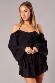 Black Ruffle Dress Bardot Layered Frill Sleeve Dress - Size 8, Women's Skater Dress