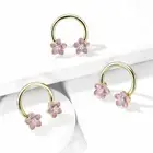 14G 1/2" Pink Enamel CZ Flower Yellow Gold Plated Horseshoe Nipple Ring Septum