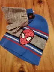 MARVEL SPIDER-MAN BOY'S BLUE STRIPED WINTER BEANIE HAT & MITTEN SET 2T-4T NWT