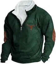 [JIEMUXIU] Men's Quarter Zip Sweater, Western Aztec Sweatshirt, Fleece Lining, Fashion Sweatshirt, Casual, Sporty, Retro Jumper, Army Green, Small