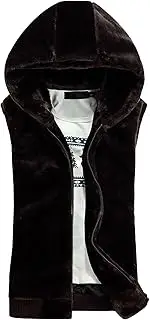 [Qolkmuiy-GJ] Men's Faux Fur Flannel Wool Vest Casual Sleeveless Hooded Warm Coat Winter Full Zip Woollen Thicken Coats