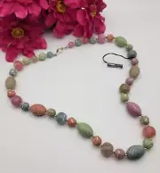 Vtg. Lucite Beaded Necklace Multicolor Pastel Silver-Tone 24 Inch Lobster Clasp