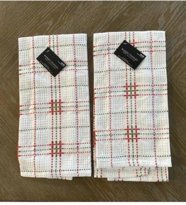 Set Of 2 Robert Stanley Kitchen Towel Cotton Red/White/Green Plaid 26”x16”